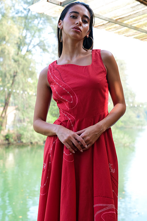 Seaside Red Hand Embroidered Pure Cotton Dress For Women Online
