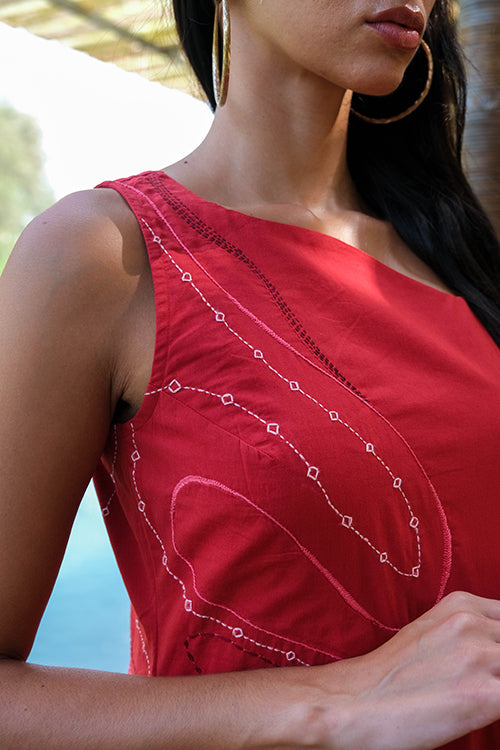 Seaside Red Hand Embroidered Pure Cotton Dress For Women Online