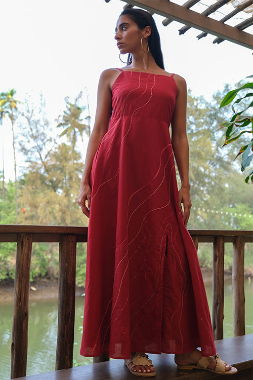 Wave Splash Red Pure Cotton Hand Embroidered Dress For Women Online