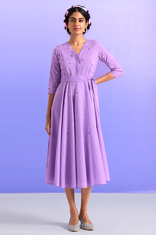 Ingenious Pure Cotton Mirror Work Purple Wrap Dress For Women Online