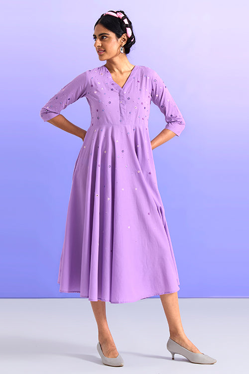 Ingenious Pure Cotton Mirror Work Purple Wrap Dress For Women Online