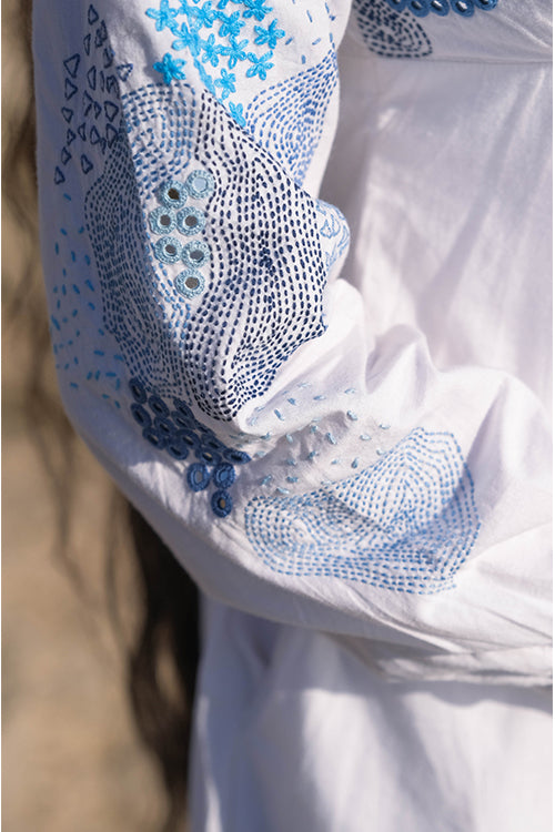 Okhai 'Waterfall' Pure Cotton Hand Embroidered Mirror Work Dress