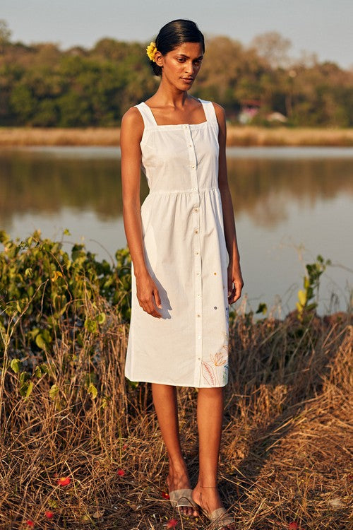 Okhai 'Daydream' Hand Embroidered Mirror Work Pure Cotton Dress with Stole