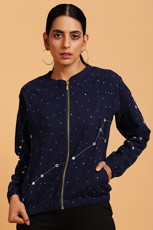 Moonlight Indigo Embroidered Cotton Bomber Jacket For Women Online