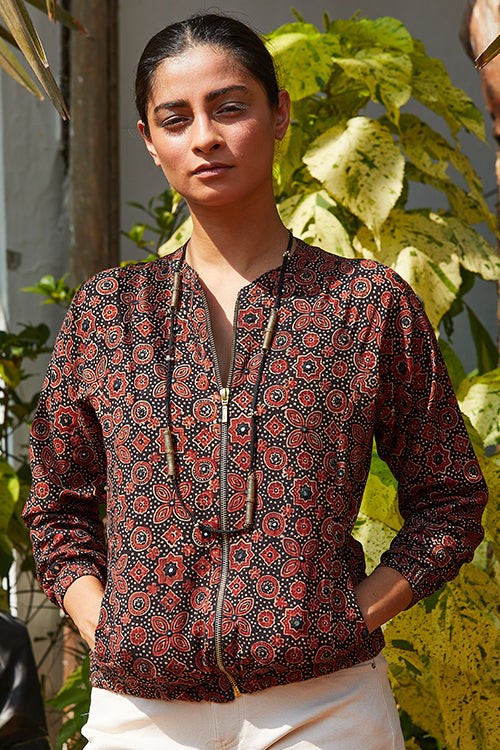 Okhai Raisin Hand Block Print Cotton Bomber Jacket For Women Online