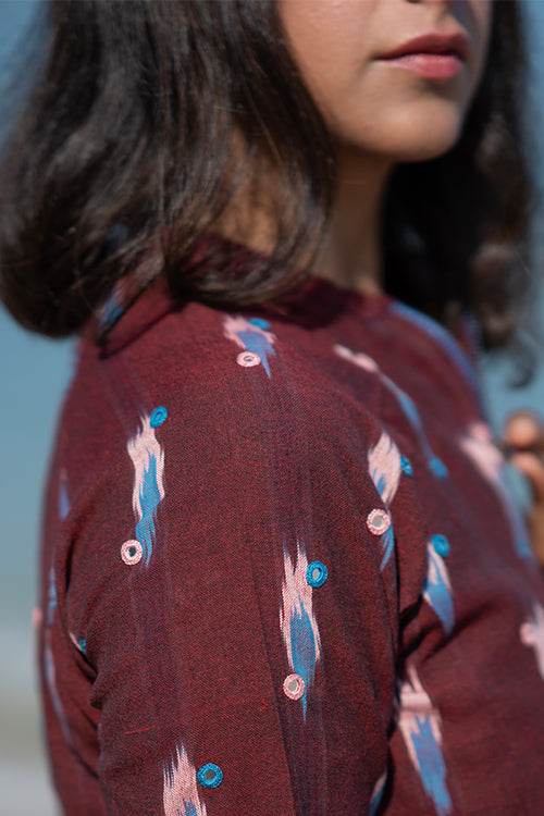 Okhai 'Mahogany' Handwoven Cotton Ikat Hand Embroidered Bomber Jacket