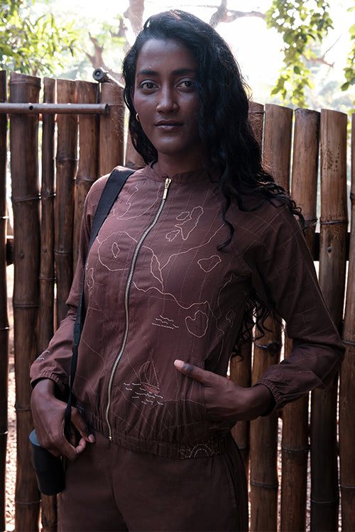 Globe Hand Embroidered Cotton Bomber Jacket For Women Online
