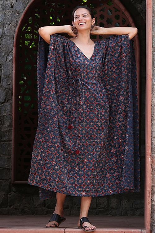 Okhai 'Blue Sky' Pure Cotton Handblock Printed Ajrakh Mirror Work Kaftan