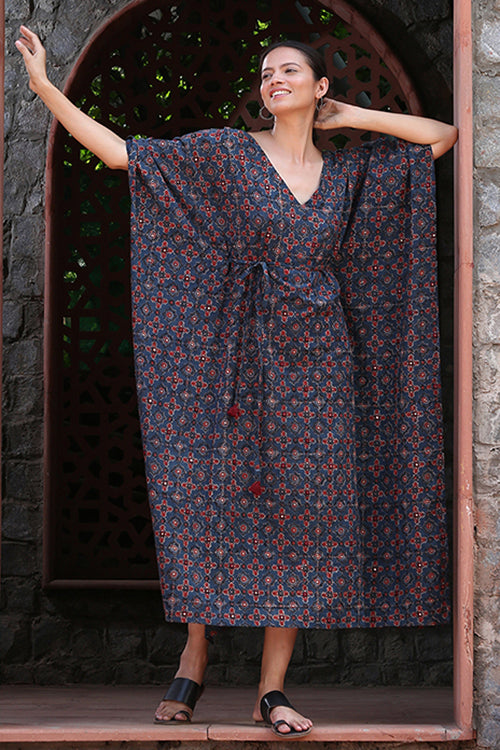 Okhai 'Blue Sky' Pure Cotton Handblock Printed Ajrakh Mirror Work Kaftan