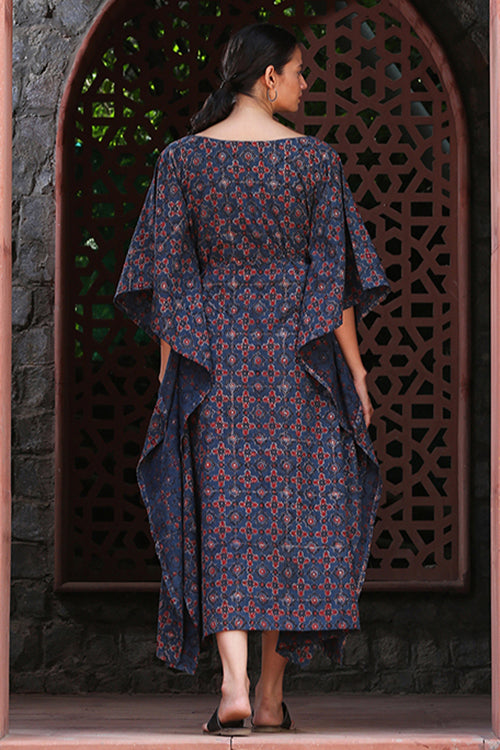 Okhai 'Blue Sky' Pure Cotton Handblock Printed Ajrakh Mirror Work Kaftan
