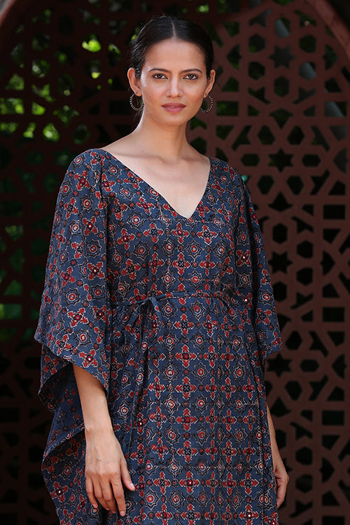 Okhai 'Blue Sky' Pure Cotton Handblock Printed Ajrakh Mirror Work Kaftan