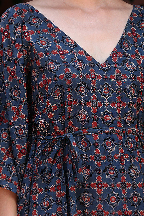 Okhai 'Blue Sky' Pure Cotton Handblock Printed Ajrakh Mirror Work Kaftan