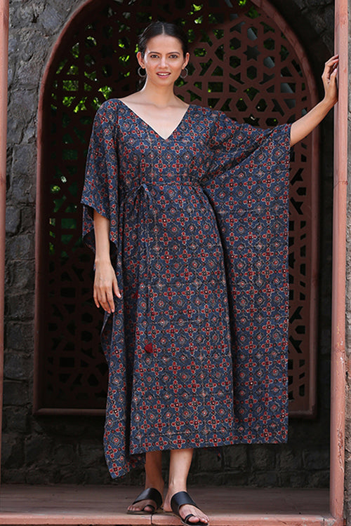 Okhai 'Blue Sky' Pure Cotton Handblock Printed Ajrakh Mirror Work Kaftan