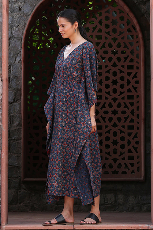 Okhai 'Blue Sky' Pure Cotton Handblock Printed Ajrakh Mirror Work Kaftan
