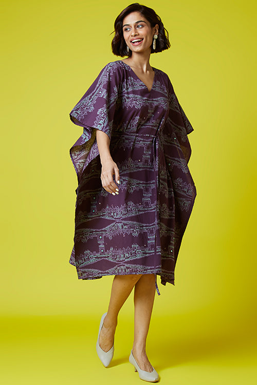 Okhai 'Heritage' Pure Cotton Hand Block Printed Mirror Work Kaftan