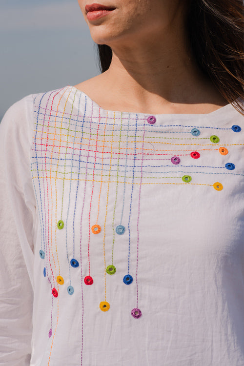 Okhai Vibgyor White Cotton Embroidered Mirror Work Kurta Online