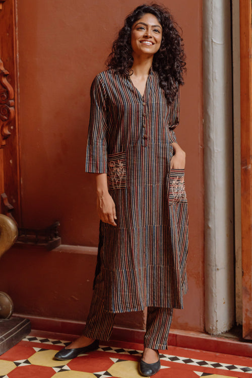 Okhai 'Saanjh' Pure Cotton Embroidered Ajrakh Kurta Pant Set