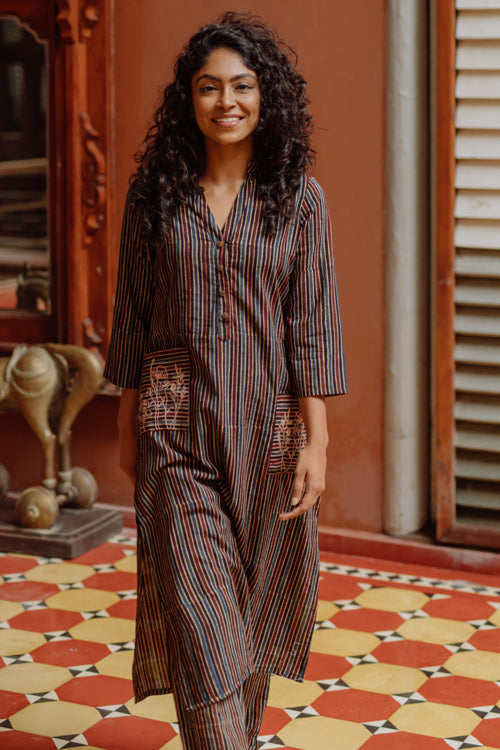 Okhai 'Saanjh' Pure Cotton Embroidered Ajrakh Kurta Pant Set