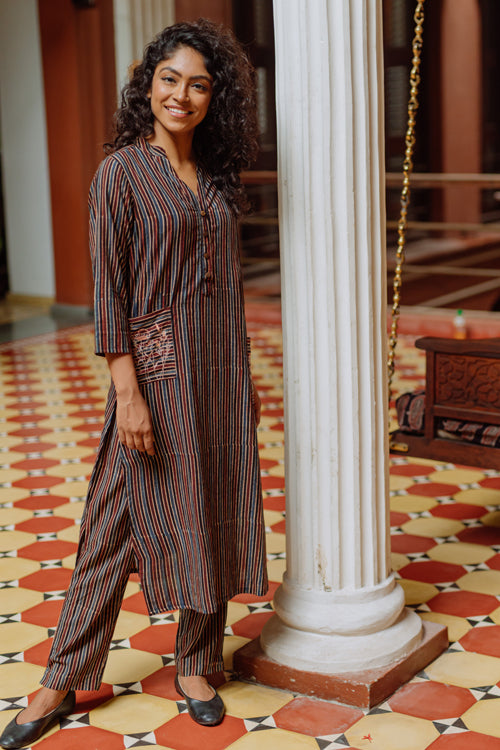Okhai 'Saanjh' Pure Cotton Embroidered Ajrakh Kurta Pant Set