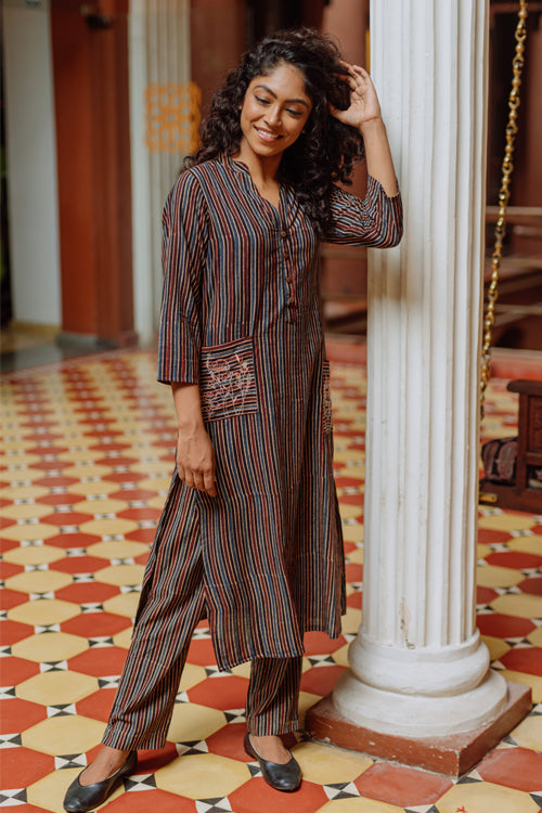 Okhai 'Saanjh' Pure Cotton Embroidered Ajrakh Kurta Pant Set