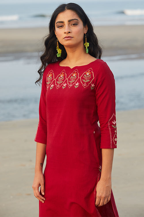 Darling Red Embroidered Cotton Kurta Pant Set For Women Online