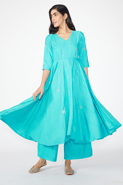 Orion Embroidered Blue Kurti Pant Set With Dupatta Online