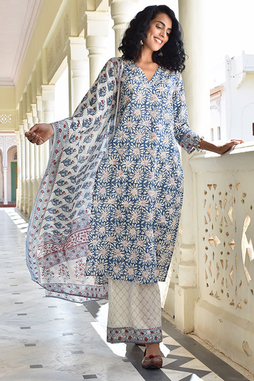 Silver Pearl Cotton Printed Kurta Pant Dupatta Set For Women Online