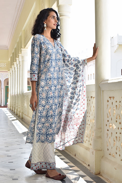Silver Pearl Cotton Printed Kurta Pant Dupatta Set For Women Online