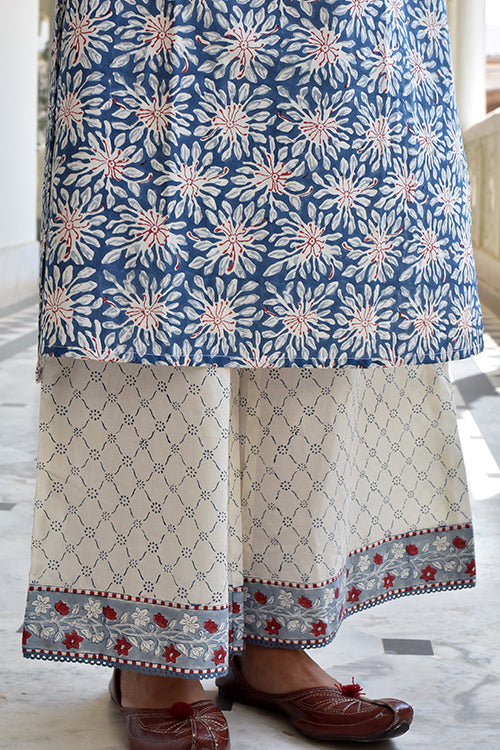Okhai 'Silver Pearl' Pure Cotton Hand Block Printed Kurta Pant Dupatta Set