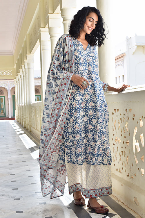 Okhai 'Silver Pearl' Pure Cotton Hand Block Printed Kurta Pant Dupatta Set