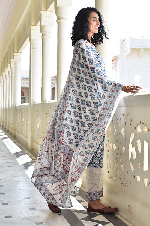Okhai 'Silver Pearl' Pure Cotton Hand Block Printed Kurta Pant Dupatta Set