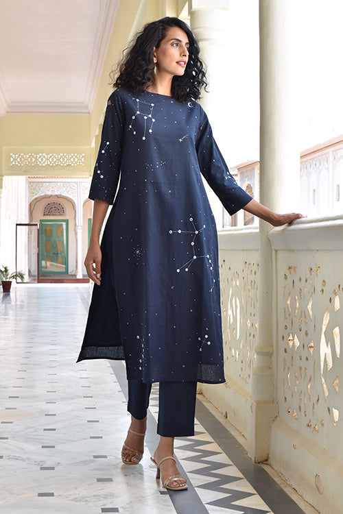 Okhai 'Midnight Sky' Hand Embroidered Kurta Pant Set
