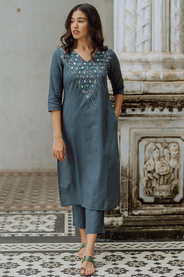River Bed Cotton Embroidered Mirror Work Kurta Pant Set Online