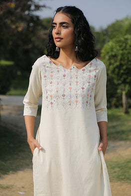 Flourish White Embroidered Cotton Kurta Pant Set For Women Online