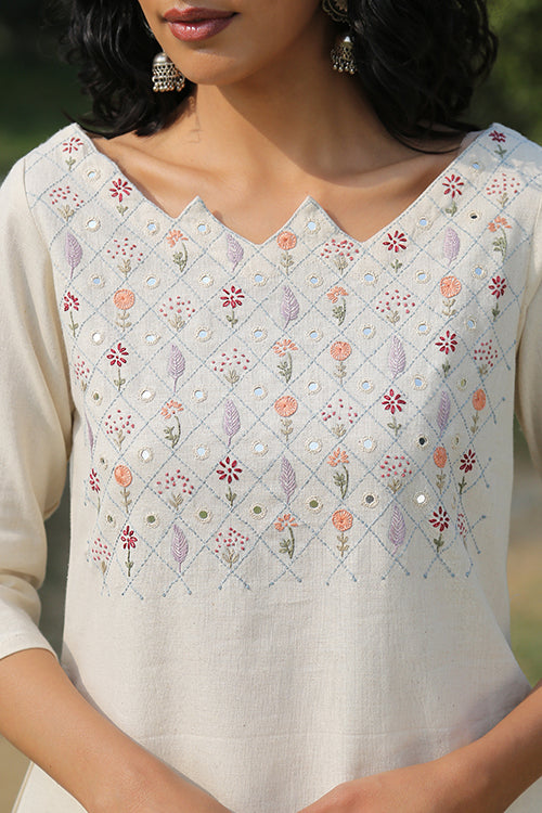 Flourish White Embroidered Cotton Kurta Pant Set For Women Online