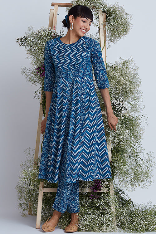 Sea Shell Blue Cotton Printed Mirror Work Kurta Pant Set For Women Online