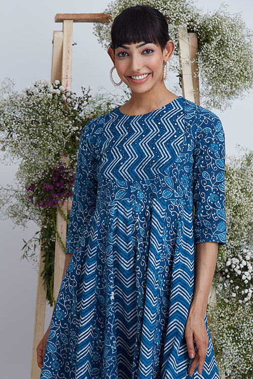 Okhai 'Sea Shell' Hand Block Printed Mirror Work Kurta Pant Set