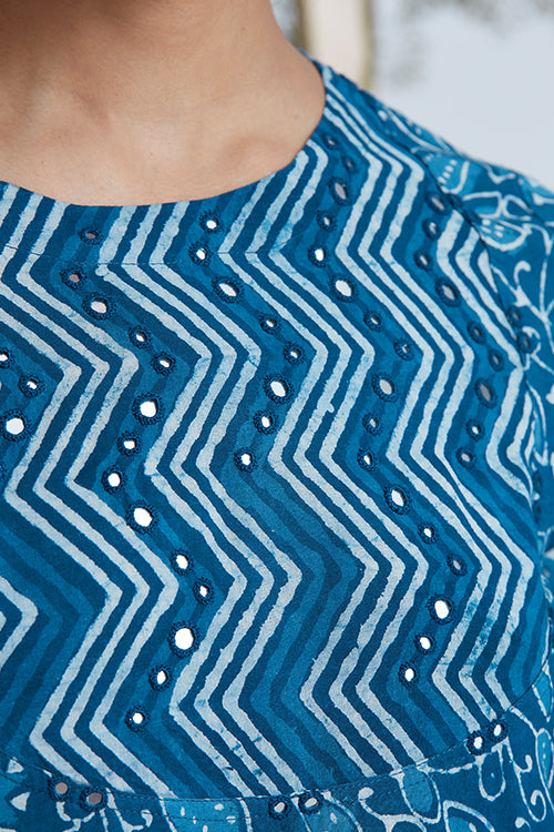 Okhai 'Sea Shell' Hand Block Printed Mirror Work Kurta Pant Set