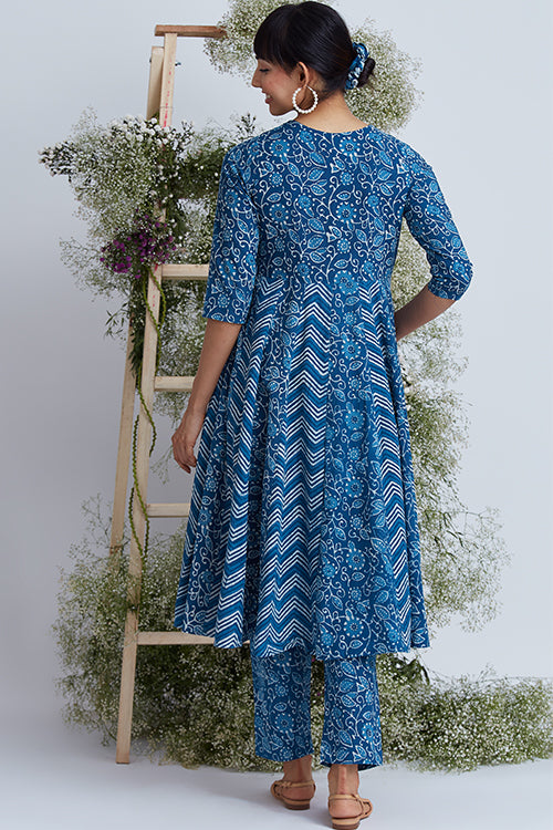 Okhai 'Sea Shell' Hand Block Printed Mirror Work Kurta Pant Set