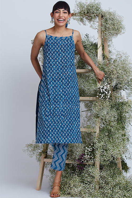 Okhai 'Indigo Sand' Hand Block Printed Pure Cotton Kurta Pant Set