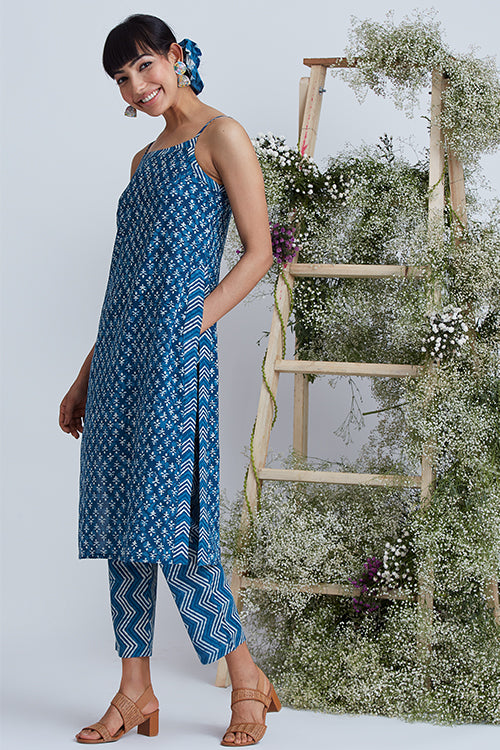 Indigo Sand Block Printed Cotton Kurta Pant Set For Women Online
