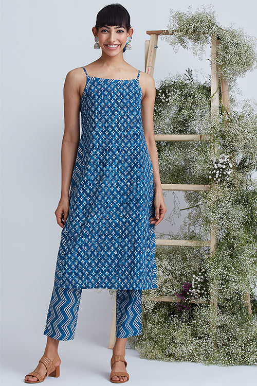 Indigo Sand Block Printed Cotton Kurta Pant Set For Women Online