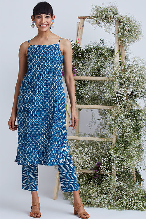 Okhai 'Indigo Sand' Hand Block Printed Pure Cotton Kurta Pant Set