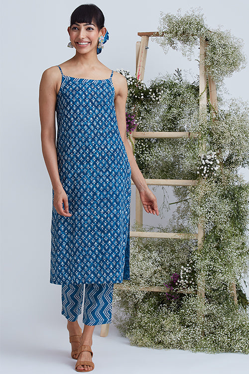 Okhai 'Indigo Sand' Hand Block Printed Pure Cotton Kurta Pant Set