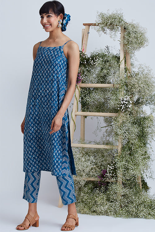 Okhai 'Indigo Sand' Hand Block Printed Pure Cotton Kurta Pant Set