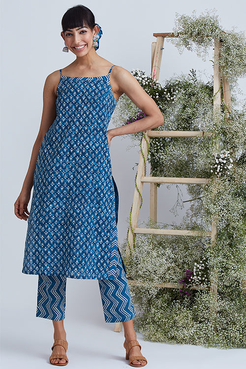 Okhai 'Indigo Sand' Hand Block Printed Pure Cotton Kurta Pant Set