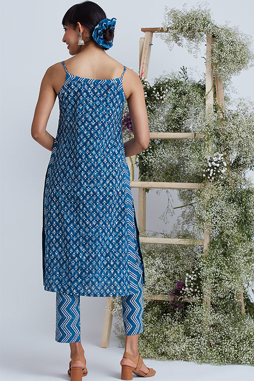 Okhai 'Indigo Sand' Hand Block Printed Pure Cotton Kurta Pant Set