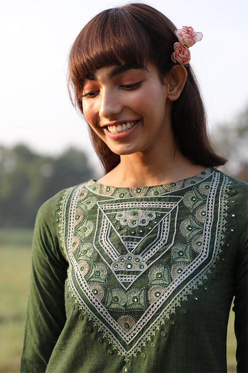 Okhai 'Fresh Green' Hand Embroidered Mirror Work Pure Cotton Kurta Pant Set