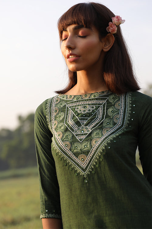 Okhai 'Fresh Green' Hand Embroidered Mirror Work Pure Cotton Kurta Pant Set