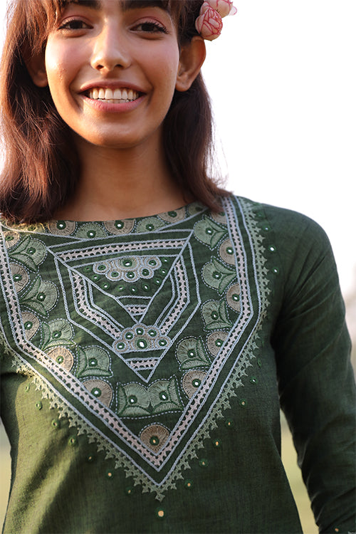 Okhai 'Fresh Green' Hand Embroidered Mirror Work Pure Cotton Kurta Pant Set